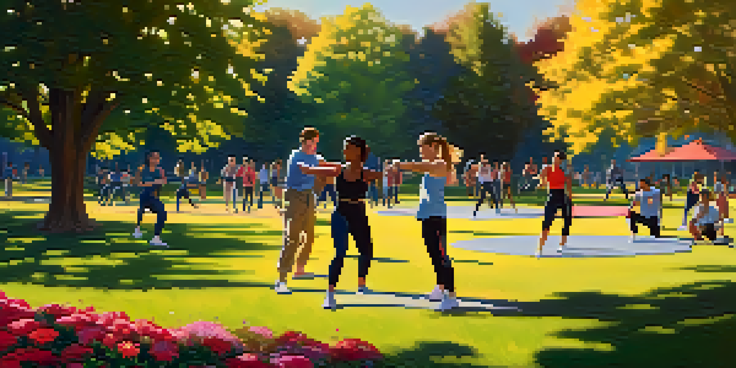 A peaceful urban park with people practicing self-defense techniques in the golden hour light, surrounded by trees and flowers.