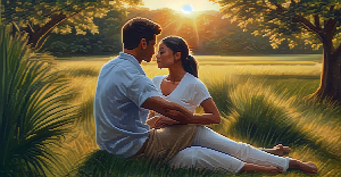 A couple practicing self-defense moves outdoors at sunset, surrounded by nature.