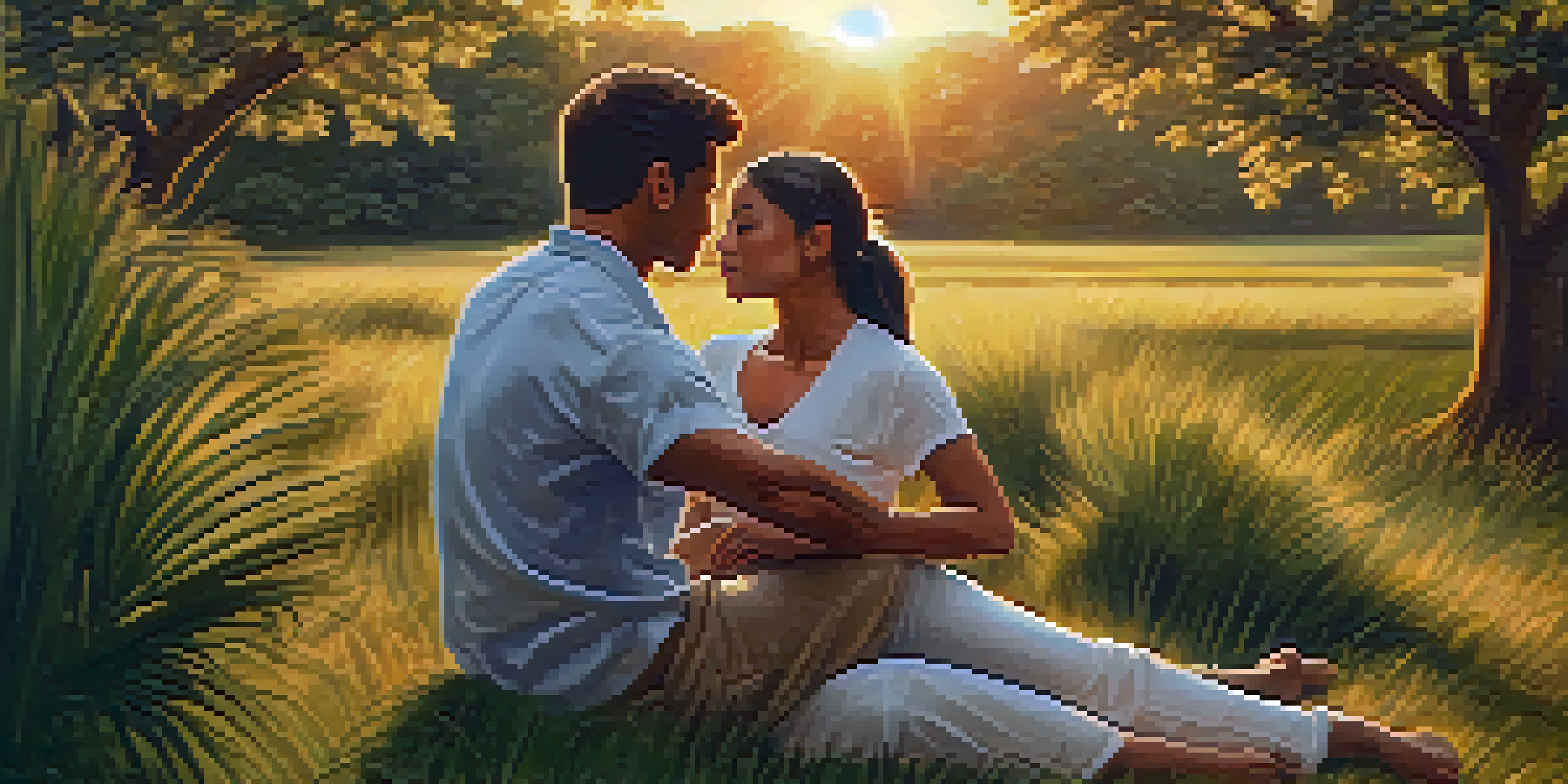 A couple practicing self-defense moves outdoors at sunset, surrounded by nature.