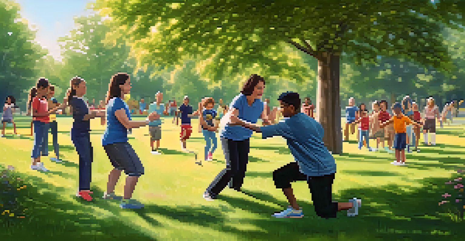 Families participating in an outdoor self-defense training session in a park, practicing techniques on soft grass under the sun.