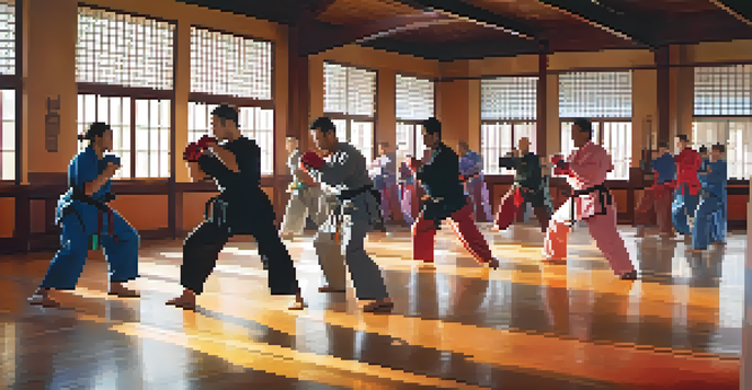 A group of diverse individuals practicing self-defense in a dojo, showcasing focused expressions and various movements.