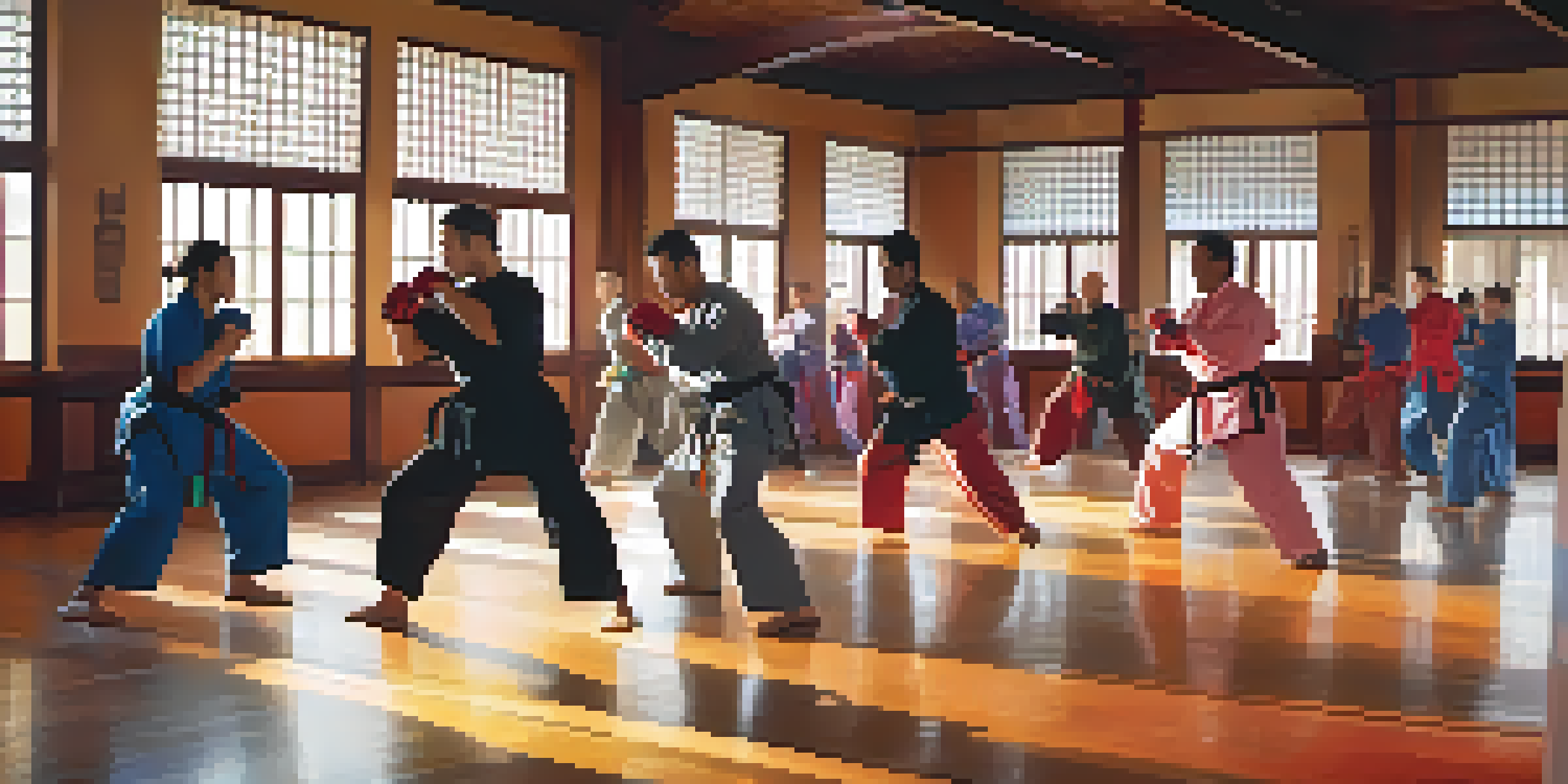 A group of diverse individuals practicing self-defense in a dojo, showcasing focused expressions and various movements.