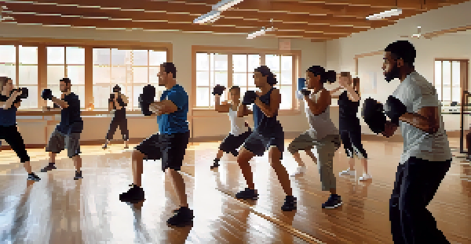 A diverse group of people practicing self-defense in a gym, showcasing various ages and backgrounds, with bright natural light illuminating the scene.