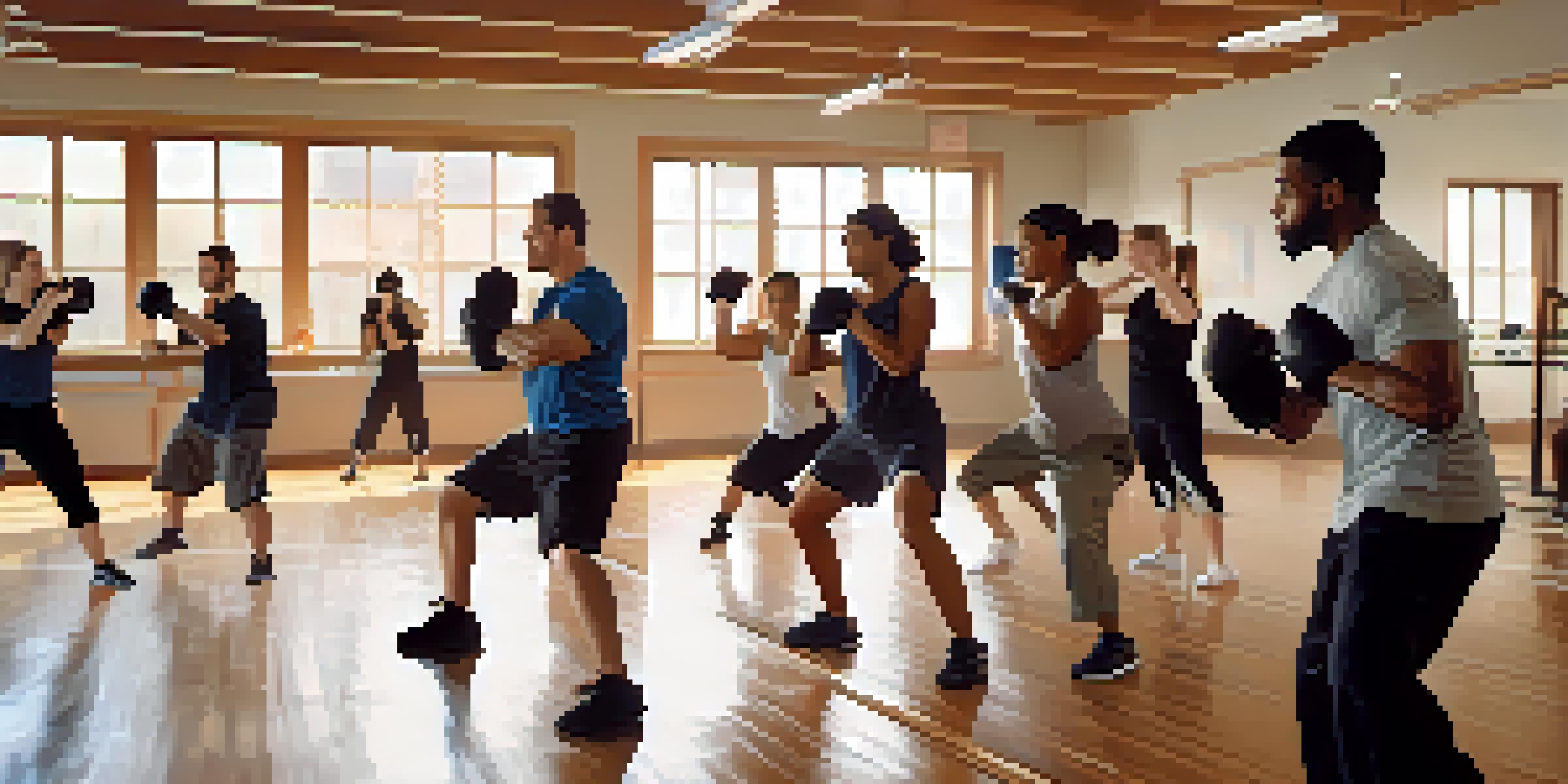 A diverse group of people practicing self-defense in a gym, showcasing various ages and backgrounds, with bright natural light illuminating the scene.