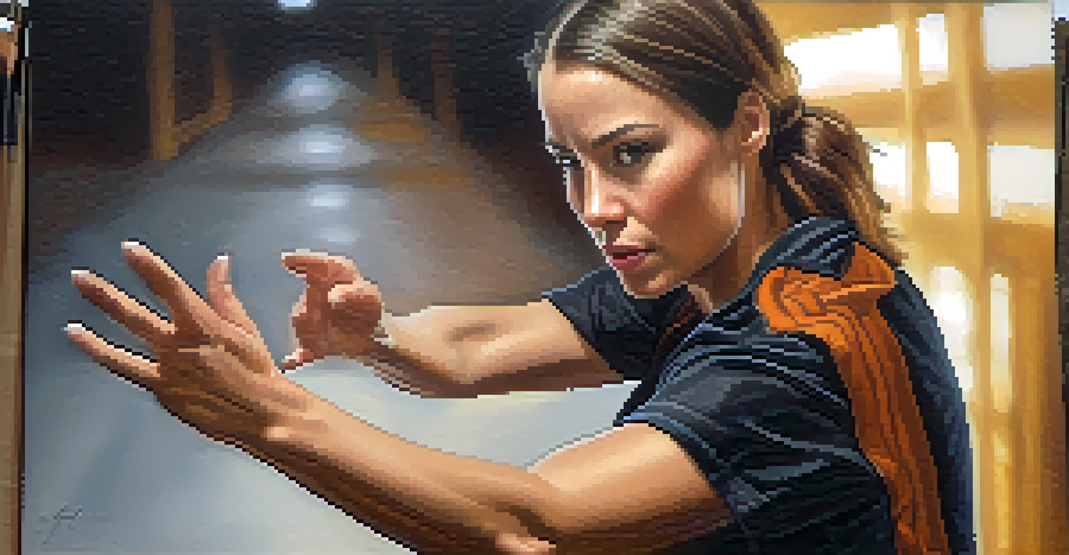 Close-up of a woman's hands demonstrating a self-defense move, showing confidence and strength.