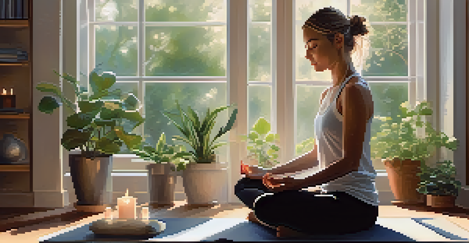A person practicing mindfulness on a yoga mat, sitting cross-legged in a calm, well-lit environment decorated with plants and candles.