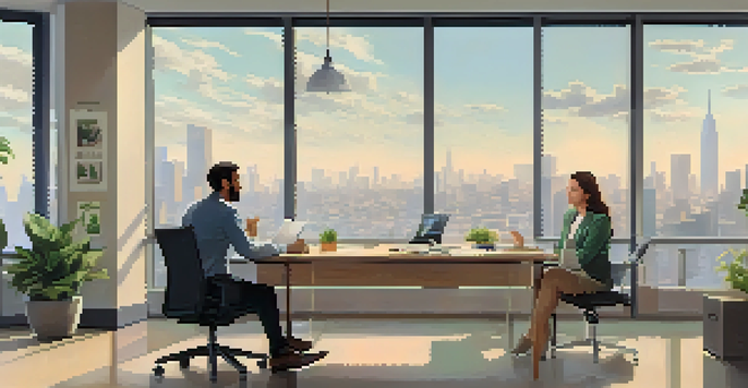 Two colleagues having a productive discussion in a bright office setting with cityscape views.
