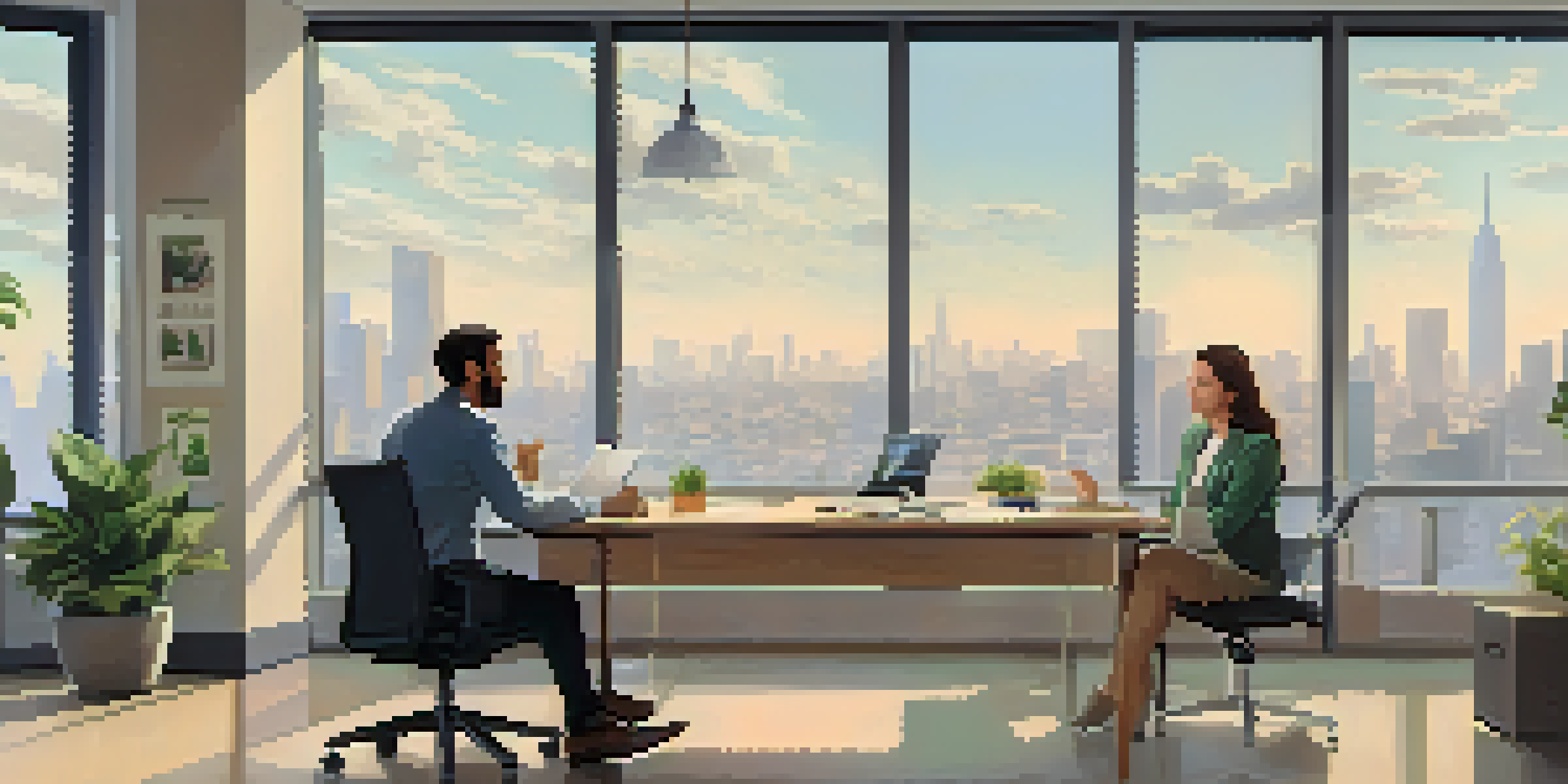 Two colleagues having a productive discussion in a bright office setting with cityscape views.