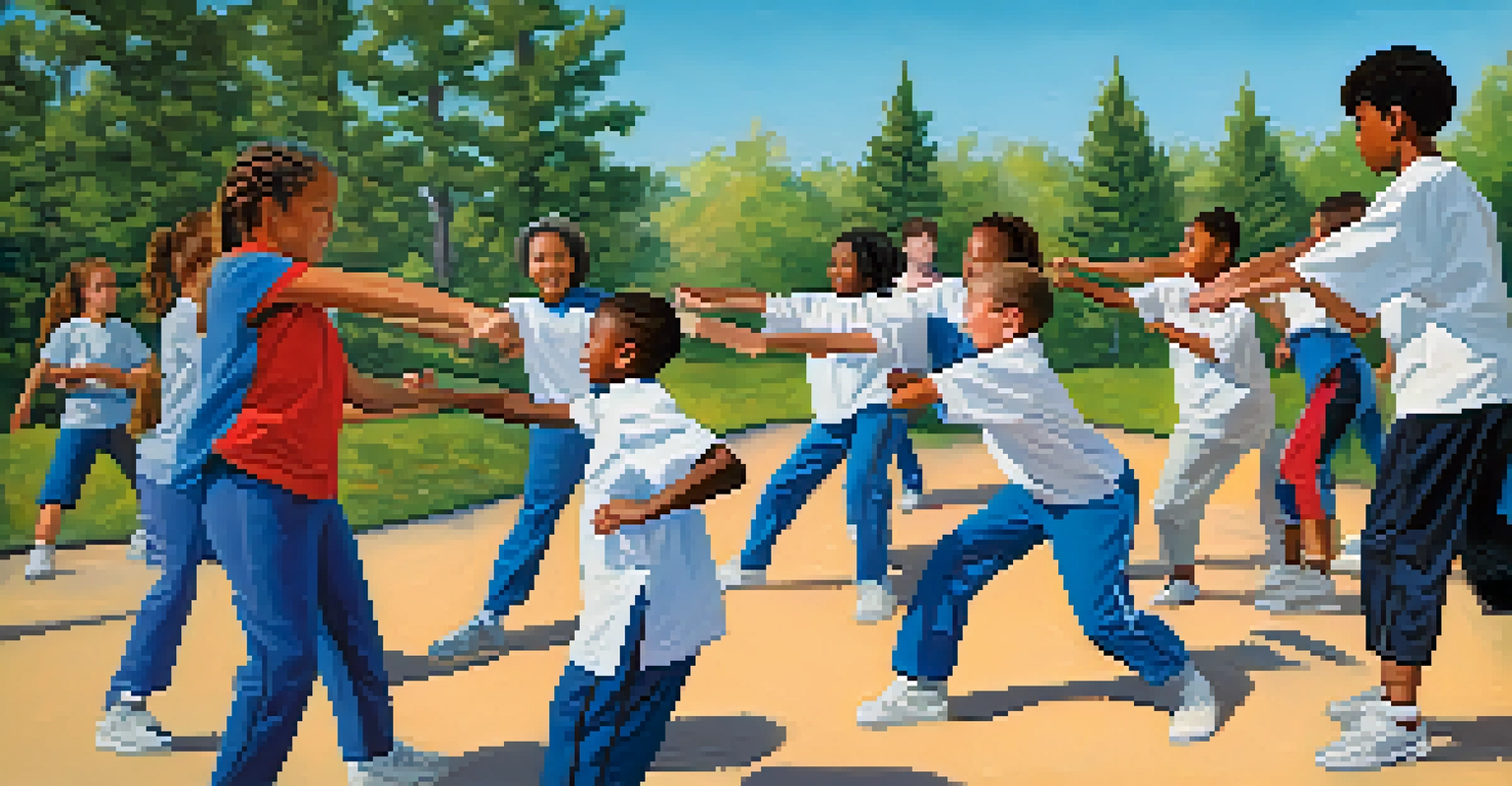 A diverse group of preteens practicing self-defense techniques outdoors with an instructor in a sunny environment.