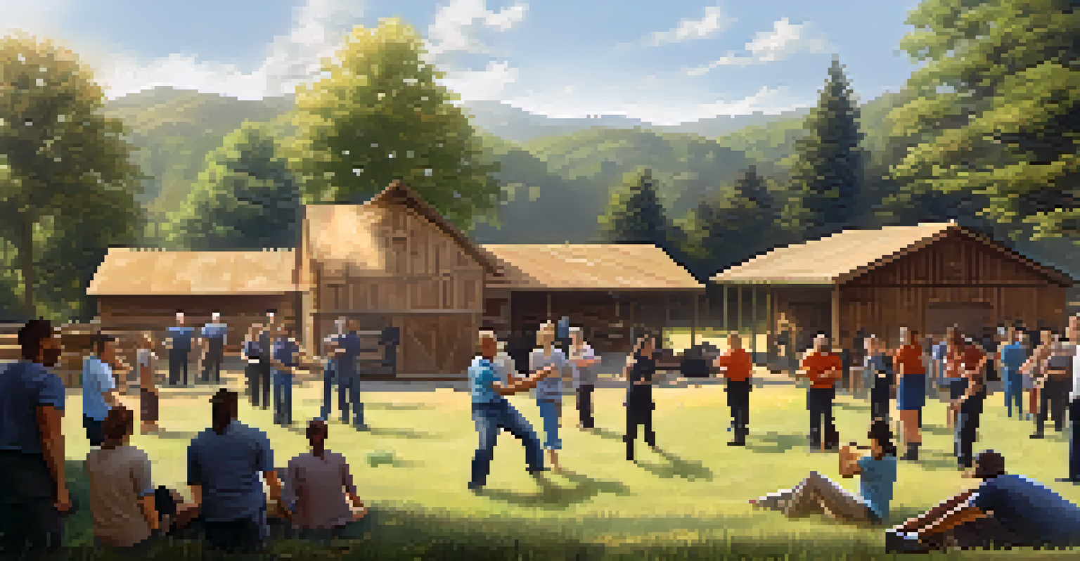 A diverse group practicing self-defense techniques in a rural community workshop.