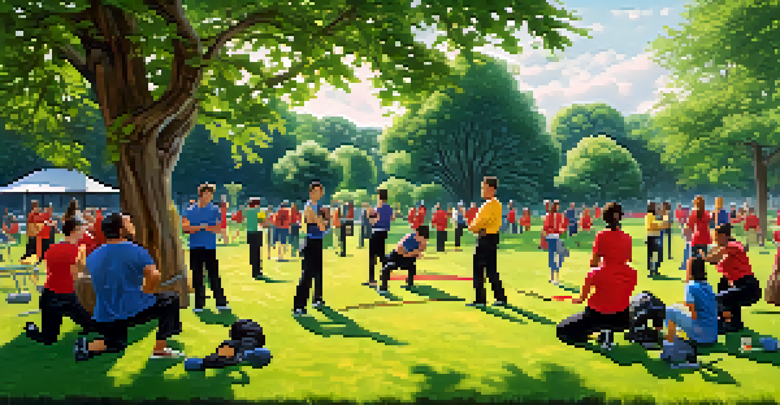 Participants in a self-defense workshop practicing techniques on the grass in a sunny park, surrounded by trees and greenery.