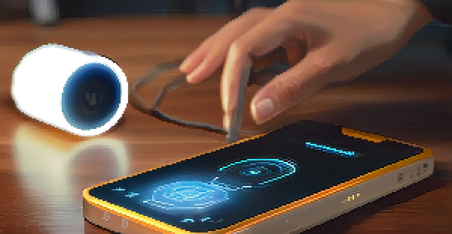 A modern self-defense gadget resembling a smartphone, illuminated on a table, with a person practicing self-defense in the background.