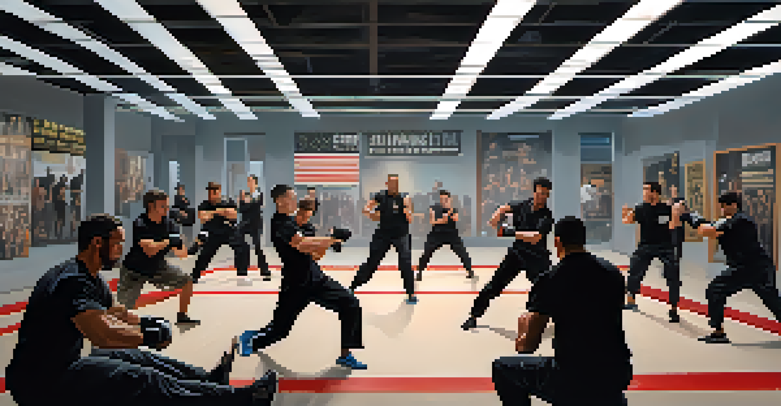 A Krav Maga class in a modern gym, with participants practicing defensive techniques against a padded attacker, showcasing determination and focus.