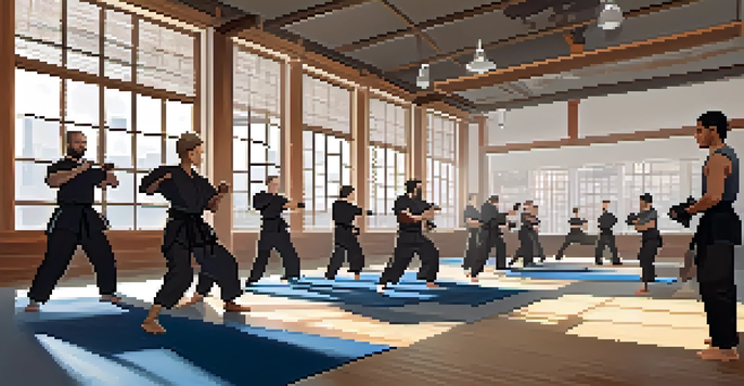 A diverse group of individuals participating in a self-defense training class in a brightly lit dojo, with instructors demonstrating techniques and motivational posters on the walls.