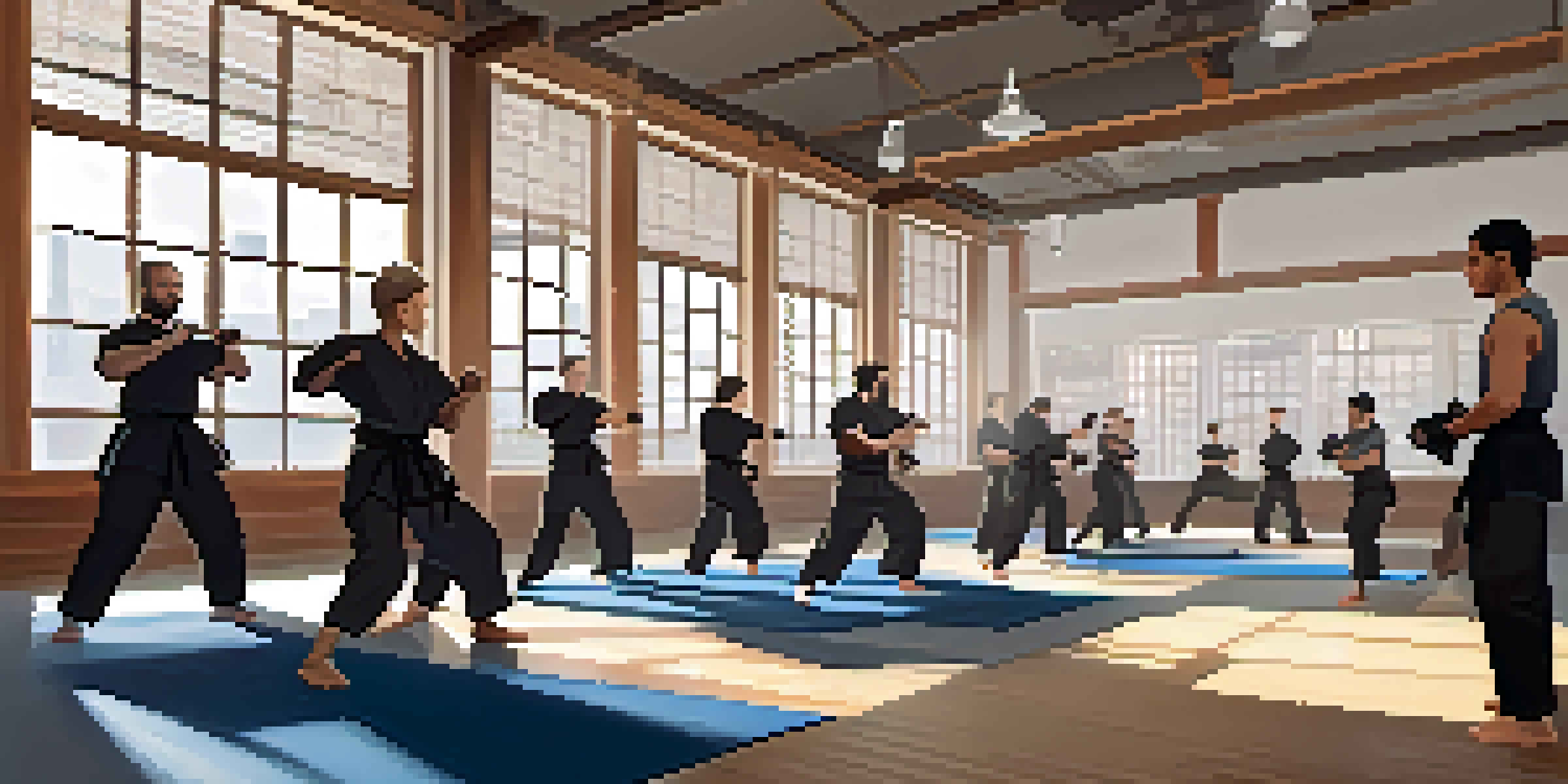 A diverse group of individuals participating in a self-defense training class in a brightly lit dojo, with instructors demonstrating techniques and motivational posters on the walls.
