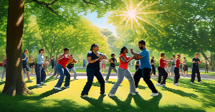 A diverse group of individuals practicing self-defense techniques in a sunny park, showcasing empowerment and community.