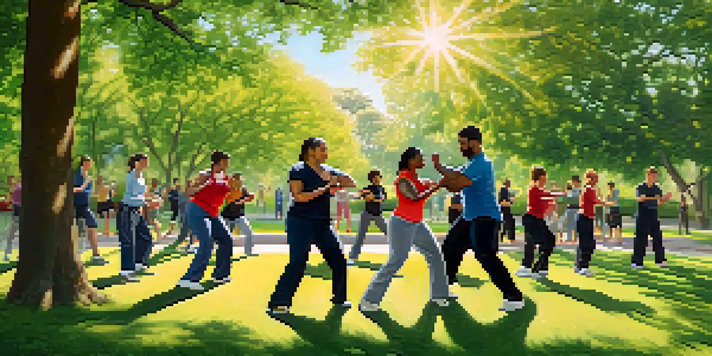 A diverse group of individuals practicing self-defense techniques in a sunny park, showcasing empowerment and community.