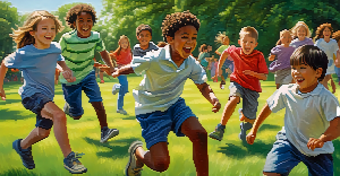 Children playing a game of Capture the Flag in a sunny park, showcasing excitement and teamwork.