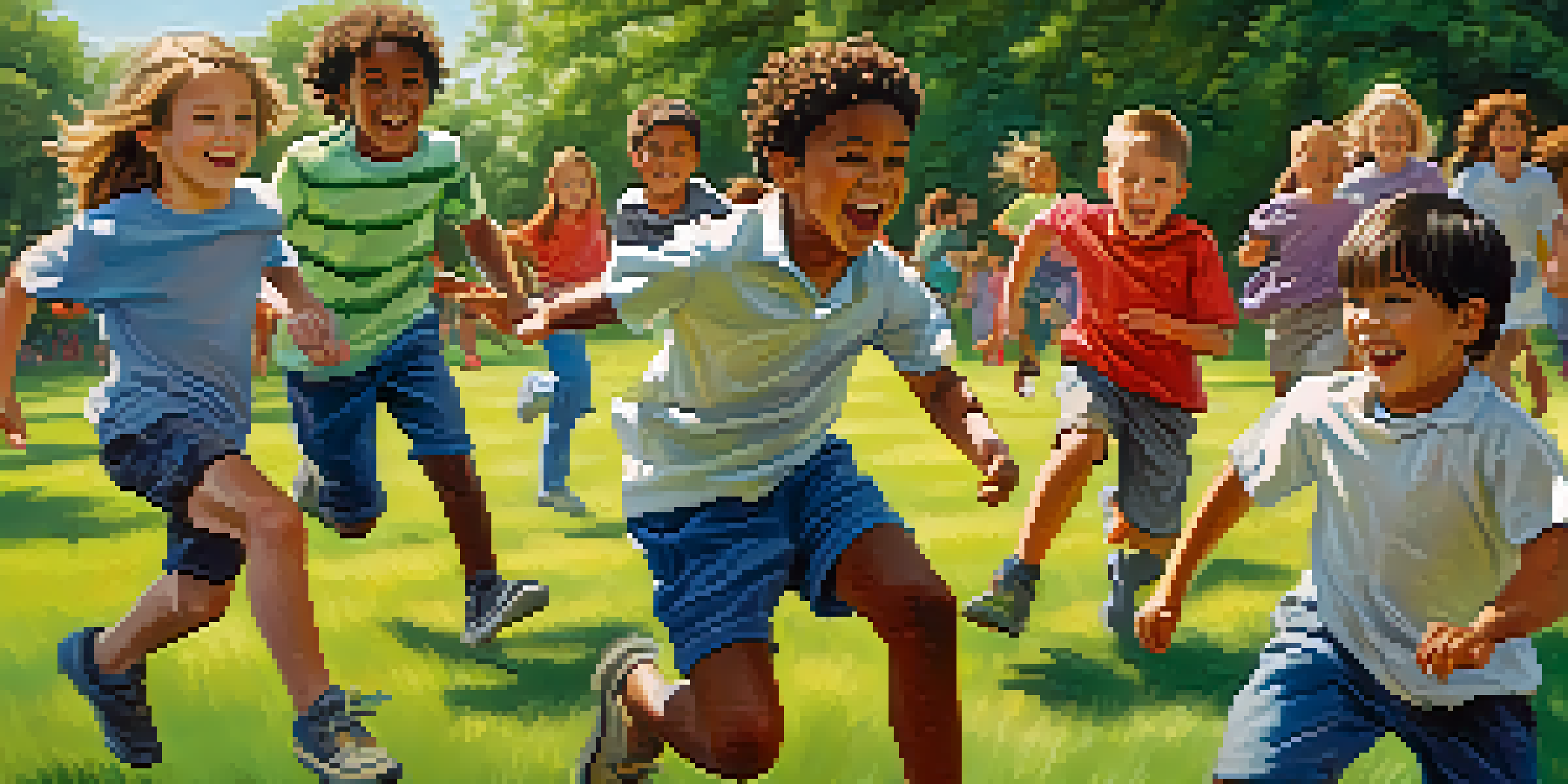 Children playing a game of Capture the Flag in a sunny park, showcasing excitement and teamwork.