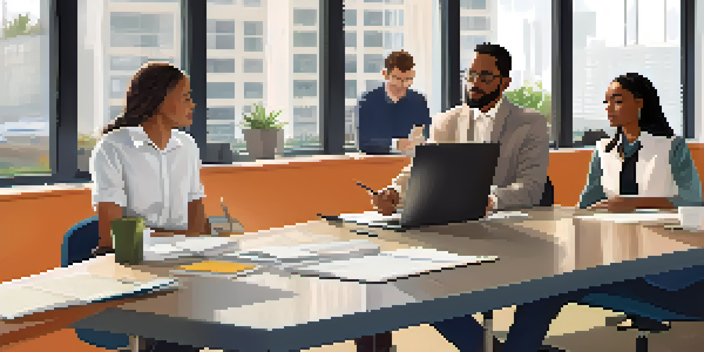 A diverse team actively listening in a bright office meeting, showing engagement and understanding.