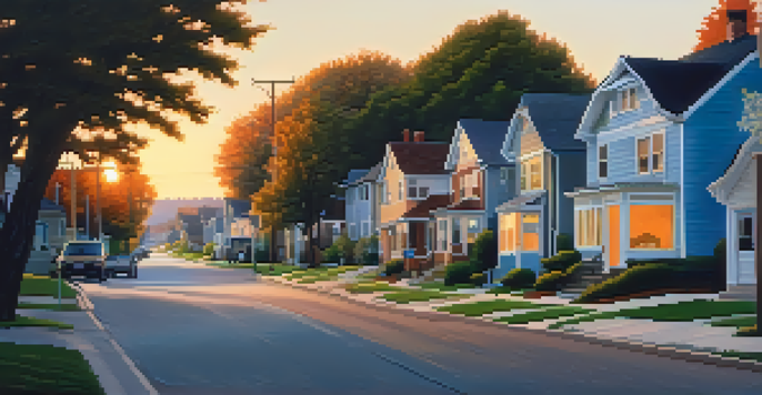 A peaceful street in a neighborhood during sunset, with trees and warmly lit houses.