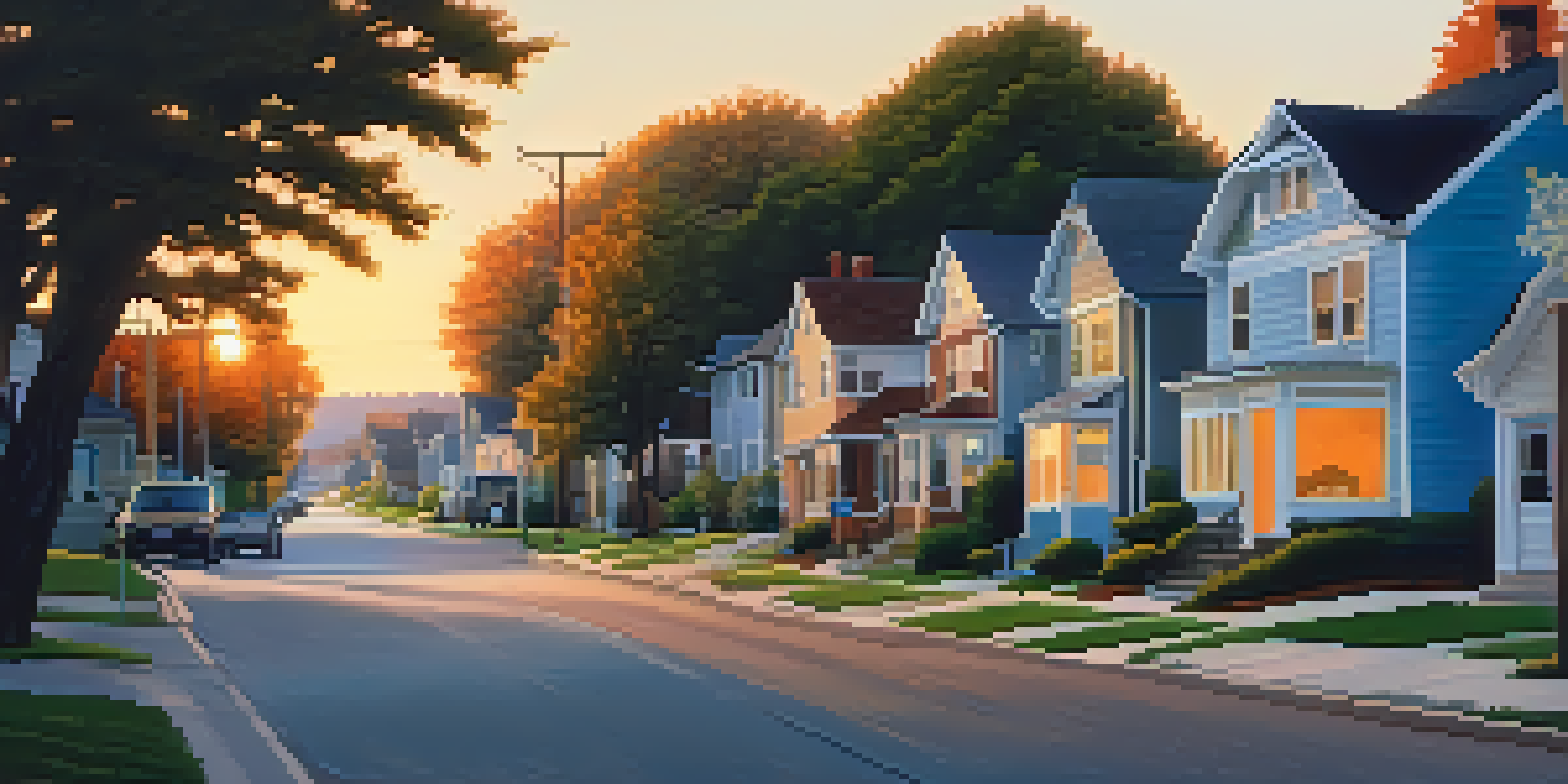 A peaceful street in a neighborhood during sunset, with trees and warmly lit houses.