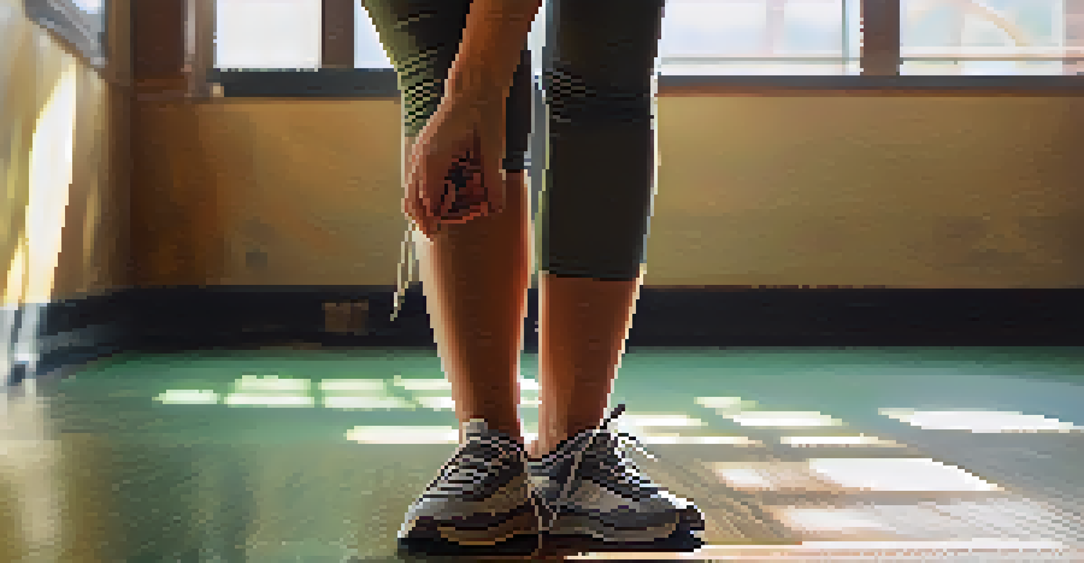 A woman preparing for a self-defense class, concentrating as she ties her shoelaces.
