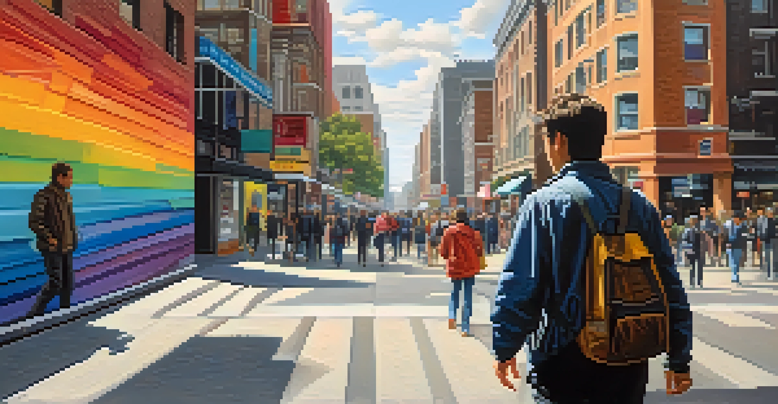 A person walking confidently through a busy urban environment, assessing their surroundings for self-defense.