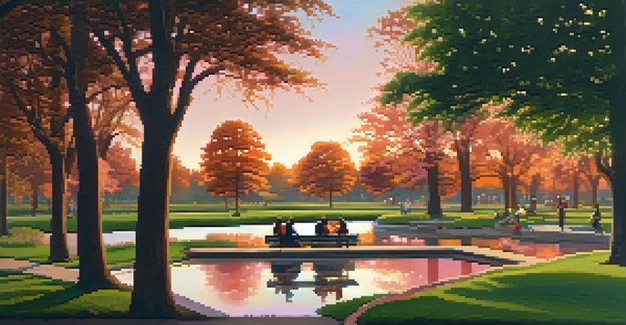 A peaceful park at sunset with people sitting on benches and talking, surrounded by trees and flowers.