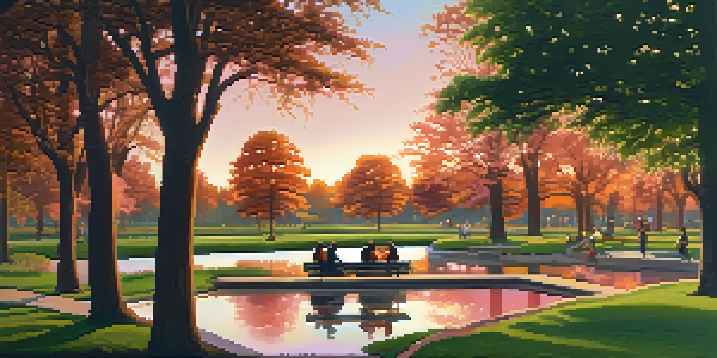 A peaceful park at sunset with people sitting on benches and talking, surrounded by trees and flowers.