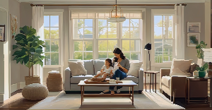A young parent in a cozy living room, holding a baby, with a safety plan on the coffee table and child safety equipment visible.