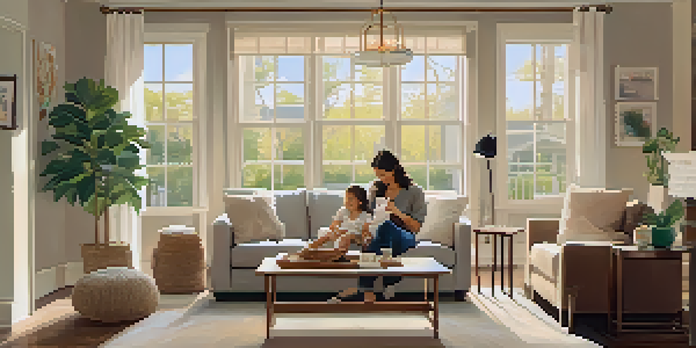 A young parent in a cozy living room, holding a baby, with a safety plan on the coffee table and child safety equipment visible.