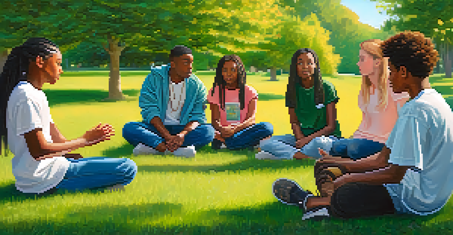 A diverse group of teenagers discussing conflict resolution in a park.