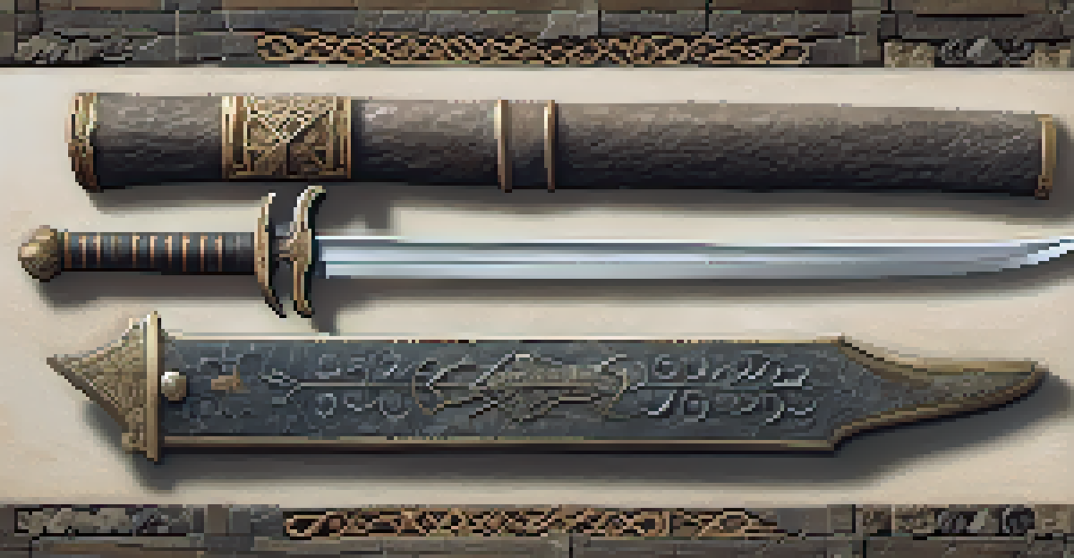 An artistic display of ancient weapons like a sword, dagger, and staff on a stone surface, illuminated by soft lighting.