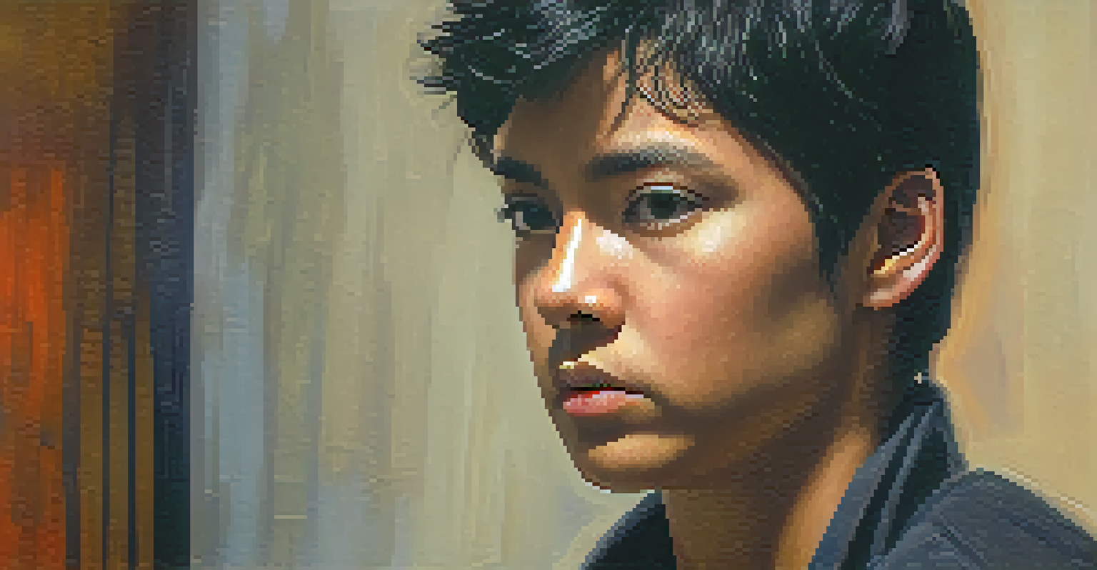 A close-up of a person in a focused stance, visualizing self-defense techniques with a concentrated expression.