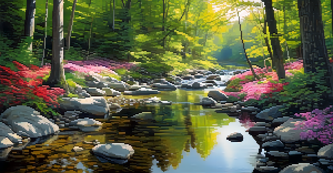 A serene forest with sunlight filtering through leaves and a stream flowing over rocks, surrounded by colorful flowers.