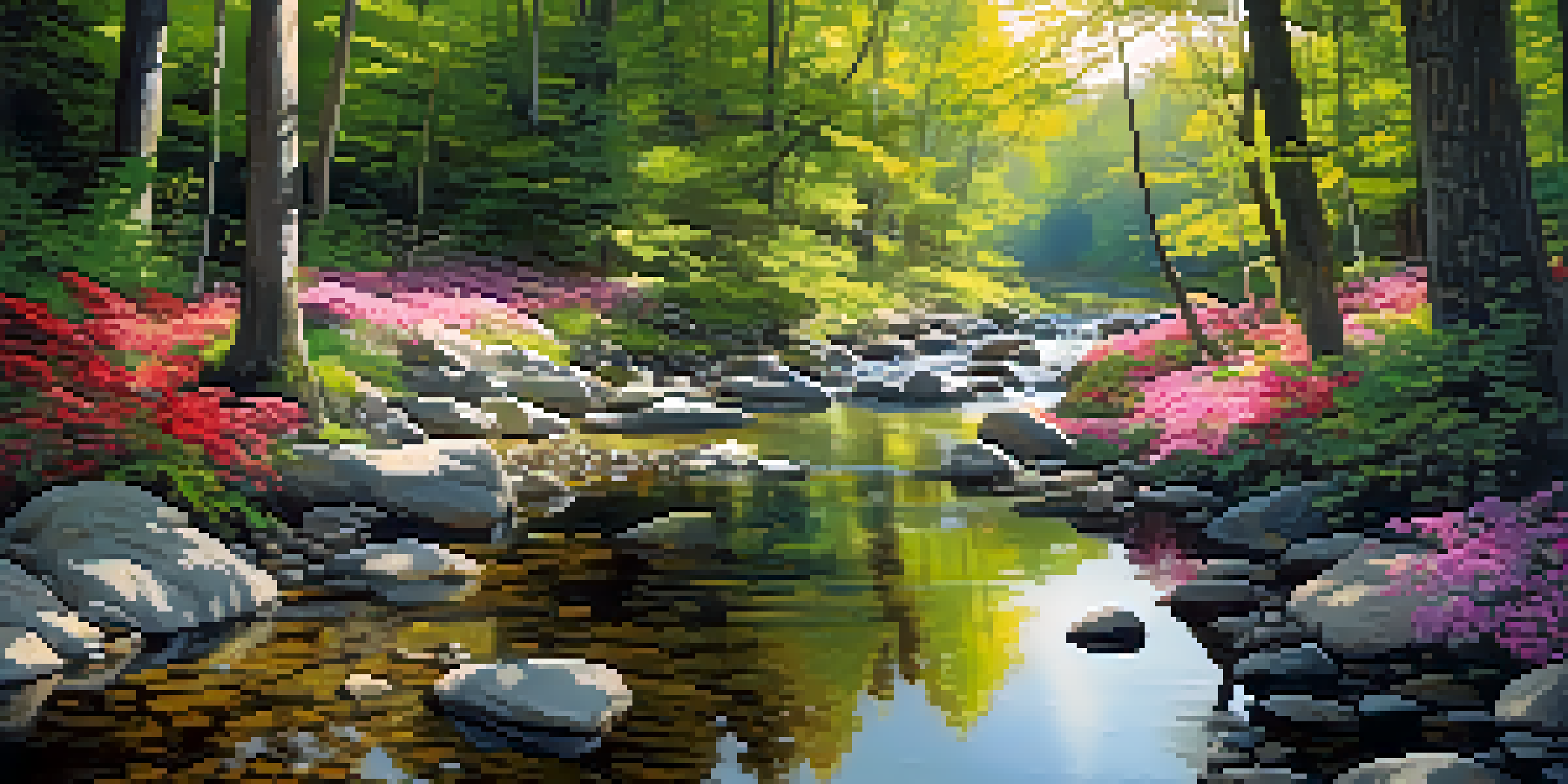 A serene forest with sunlight filtering through leaves and a stream flowing over rocks, surrounded by colorful flowers.