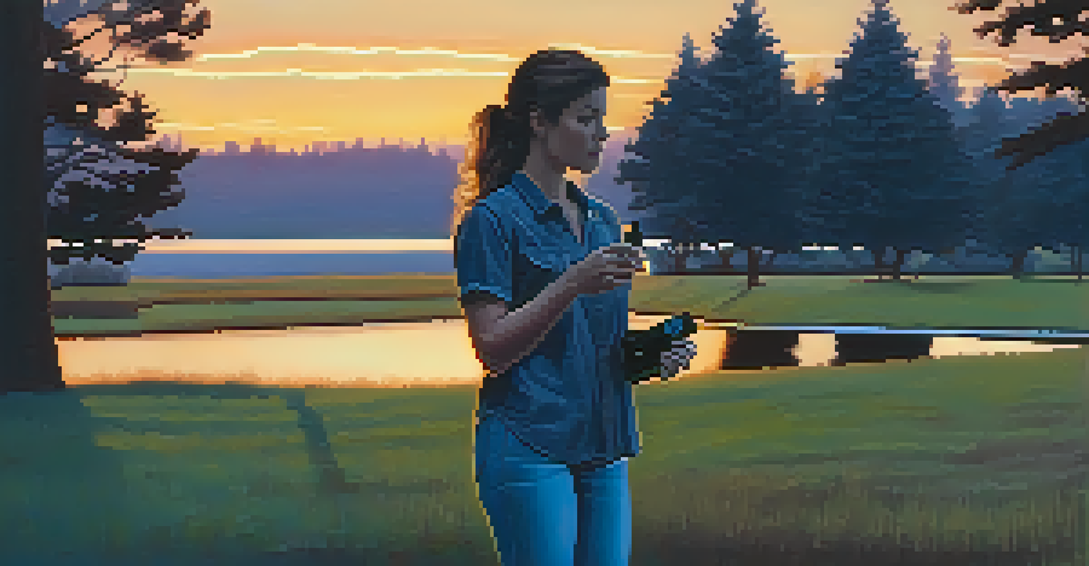 A woman in a serene outdoor setting at dusk, holding a stun gun while looking around, with warm twilight colors and silhouettes of trees.
