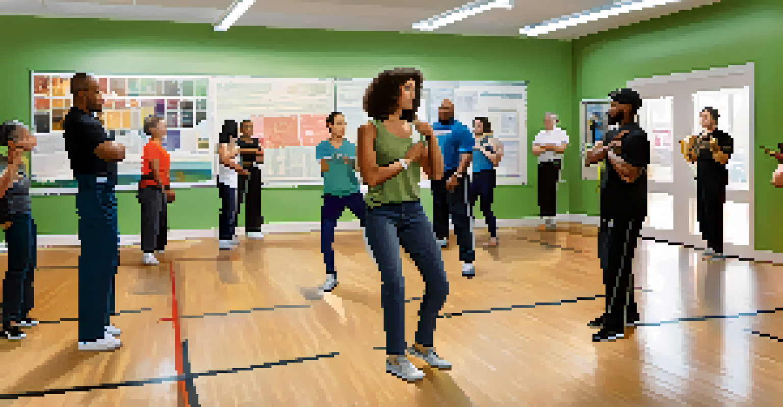 A diverse group participating in a self-defense class in a bright community workshop.