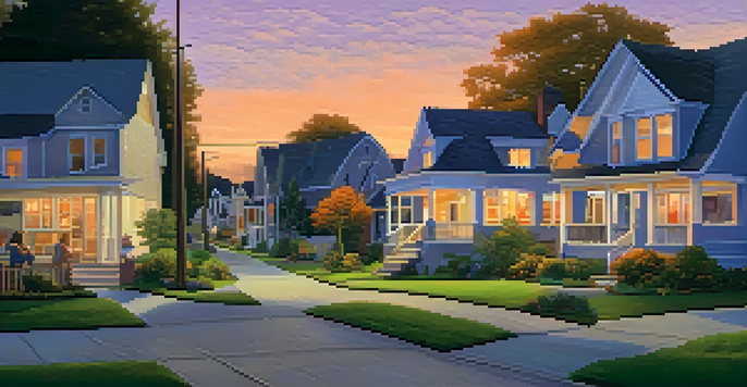 A suburban street at twilight with neighbors chatting and children playing, surrounded by cozy homes and colorful sky.