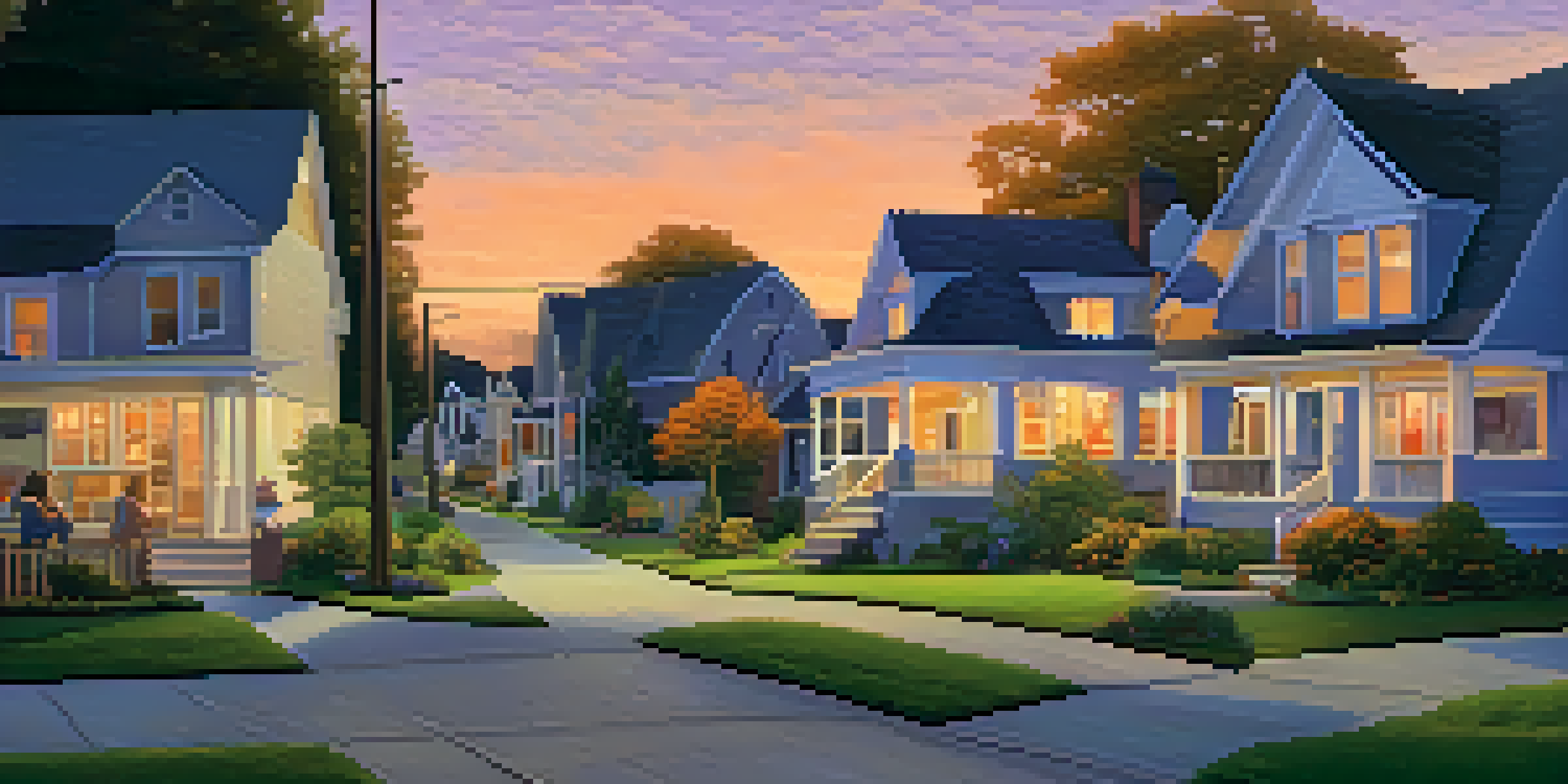 A suburban street at twilight with neighbors chatting and children playing, surrounded by cozy homes and colorful sky.