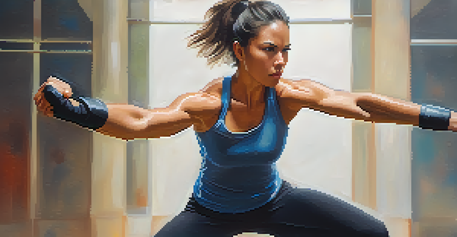 A determined woman in athletic wear demonstrating a self-defense technique, capturing her strength and confidence in a focused environment.