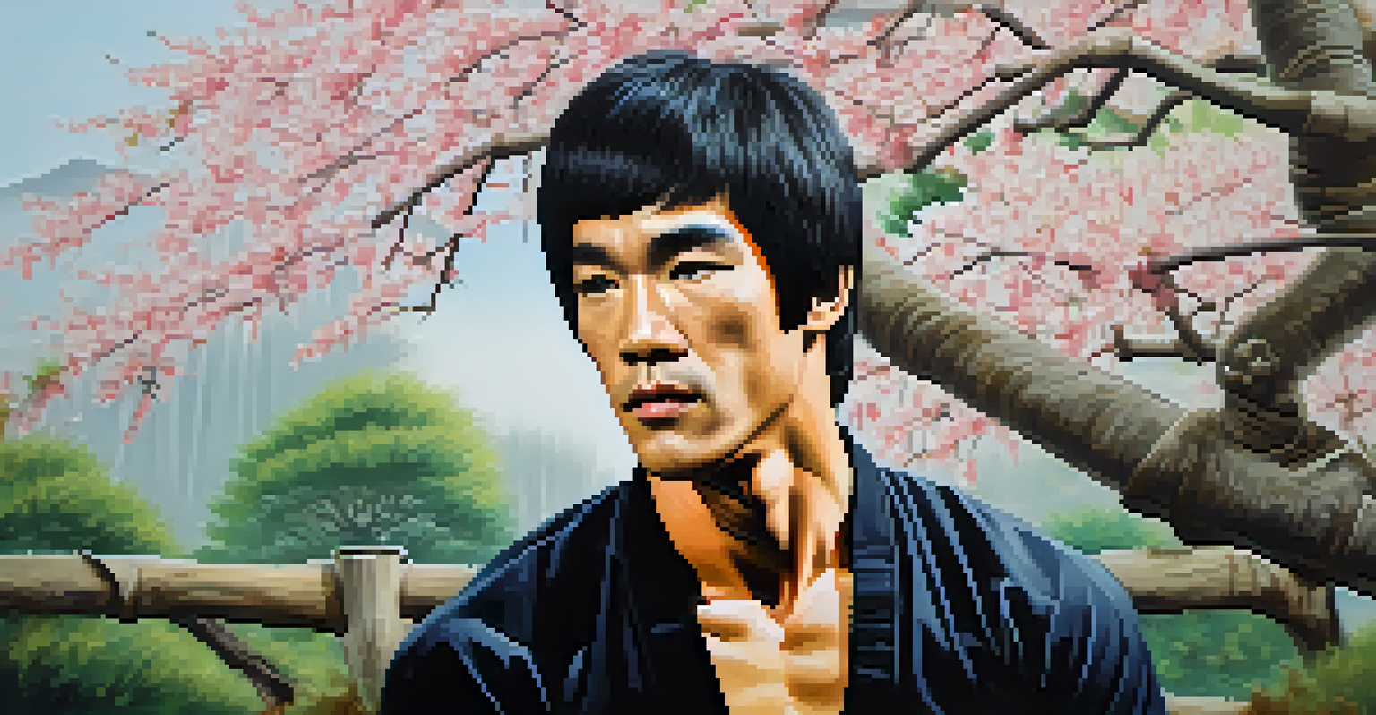 Bruce Lee sitting peacefully in a garden filled with bamboo and cherry blossoms.
