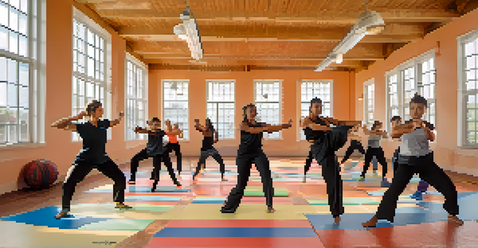A diverse group of individuals practicing self-defense techniques in a gym, highlighting inclusivity and empowerment.