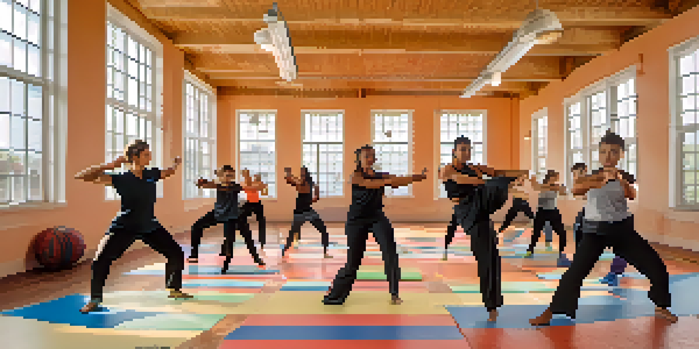 A diverse group of individuals practicing self-defense techniques in a gym, highlighting inclusivity and empowerment.