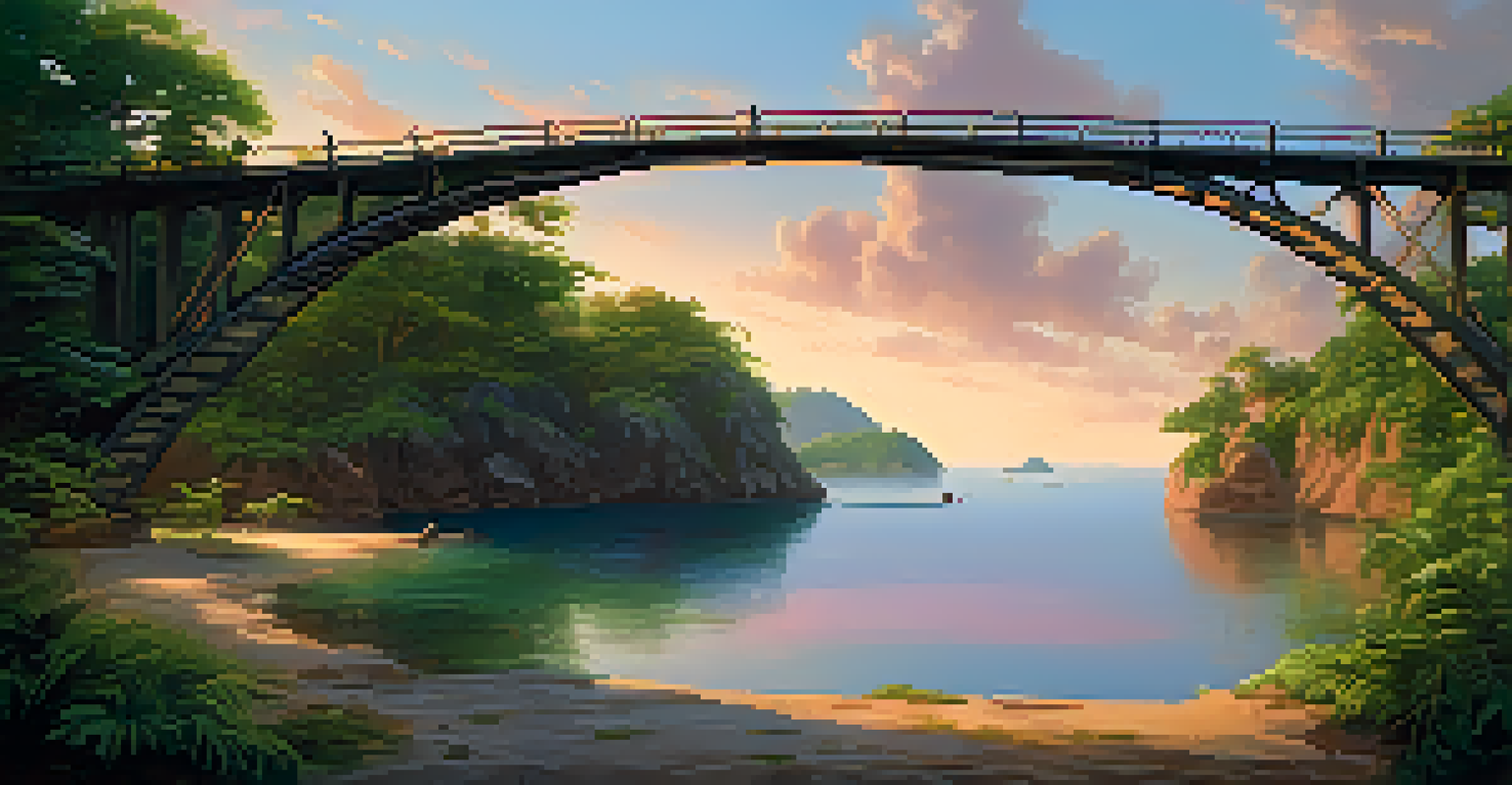 Two islands connected by a bridge at sunset, with people engaging in conversation, representing effective communication.