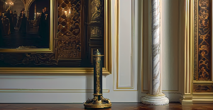 A hand holding a walking stick designed as a cane sword, in a Renaissance-style room with warm lighting.