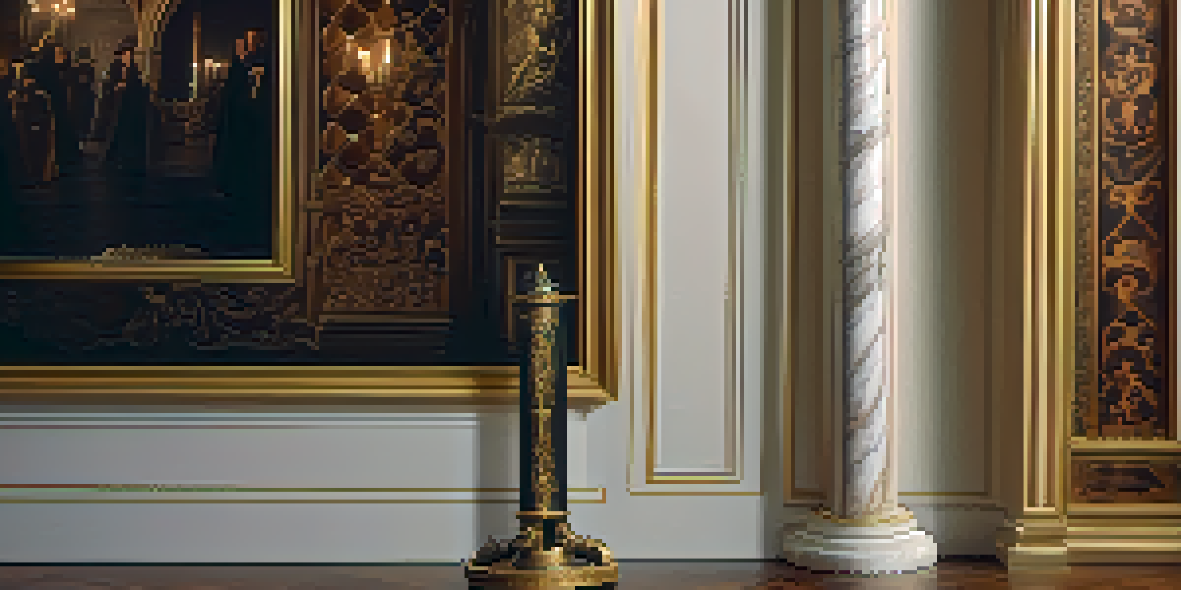 A hand holding a walking stick designed as a cane sword, in a Renaissance-style room with warm lighting.