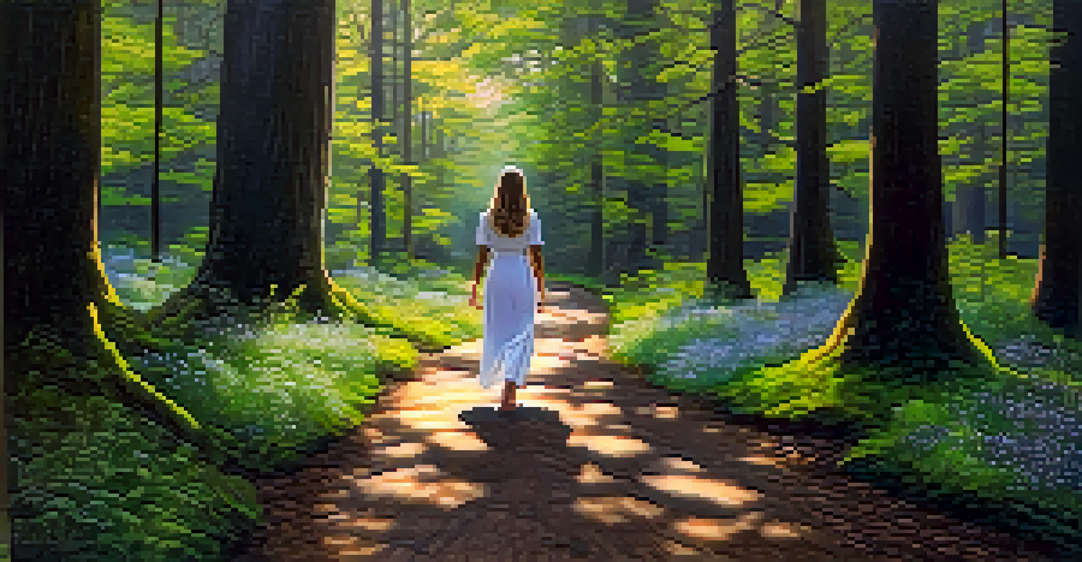 A woman walking confidently on a forest path, surrounded by trees and sunlight, symbolizing personal growth.