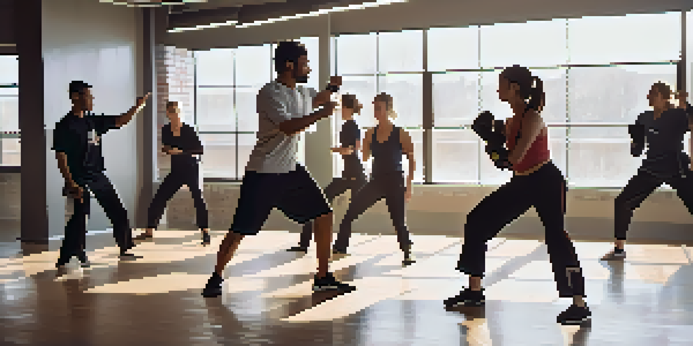 A diverse group of young adults practicing self-defense techniques in a bright gym with an instructor demonstrating a move.